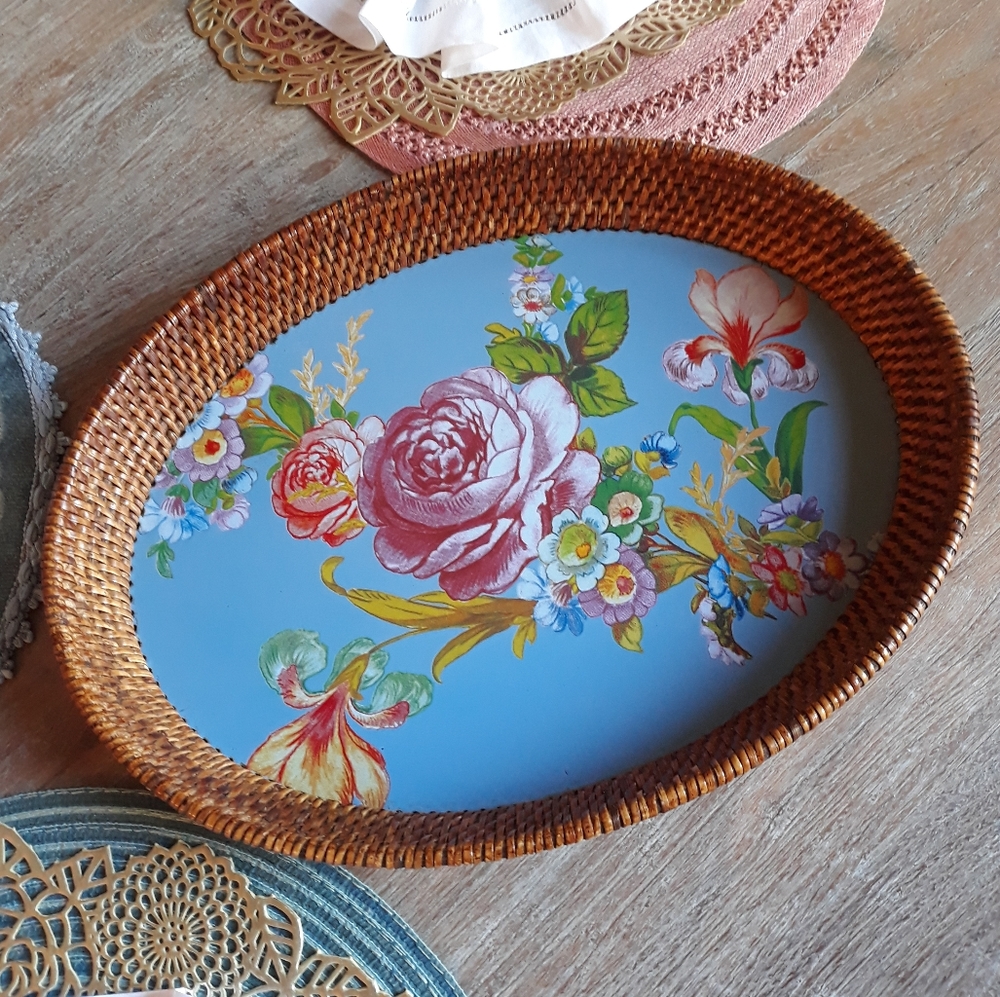MacKenzie-Childs Retired Blue Floral Market Rattan & Enamel Serving Platter/Tray